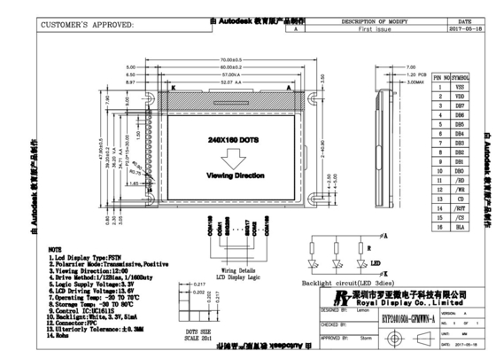 FSTN 240*160 Modulo LCD grafico con schermo monocromo positivo UC1611S
