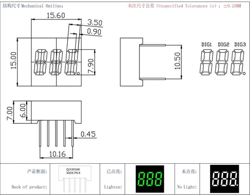 Modulo a LED verde smeraldo a catodo comune 20mA con segmento a 3 cifre e 7 segmenti