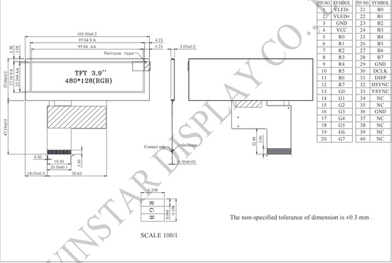 3.9' bar TFT LCD Modulo 480*128*RGB WinStar sostituire 6H HX8278-A