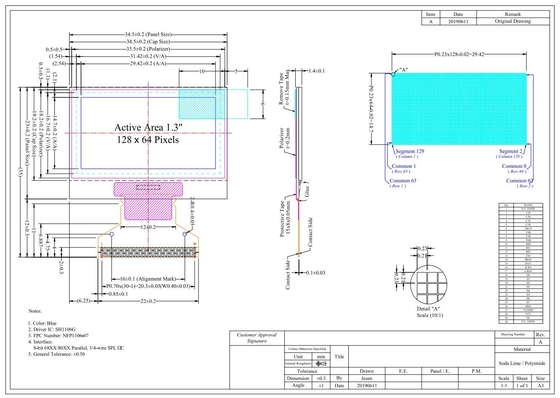 1.29'' 1.3' OLED LCD Modulo 128*64 Monocromo Blu Wide Temperature Free View