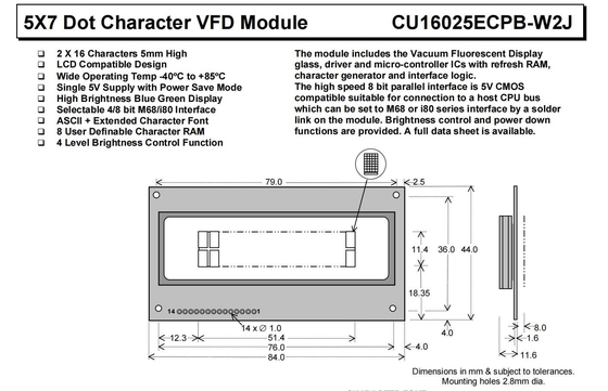 Modulo VFD 5*7 DOT 2*16 Carattere Cu16025ecpb-W2j Blu Verde Interfaccia parallela a 8 bit