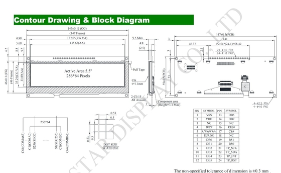 Modulo OLED 5.5'' 256*64 Monocromo COF con display touch Winstar replace