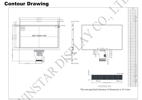 7' 800*RGB*480 TFT LCD Modulo bianco trasmissivo 12H 16:9 con ST-5623D