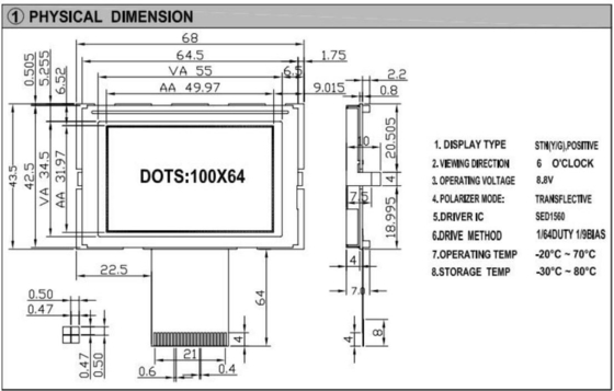 100*64 Modulo LCD grafico STN 6H con SED1560 Display giallo verde a temperatura ampia personalizzabile