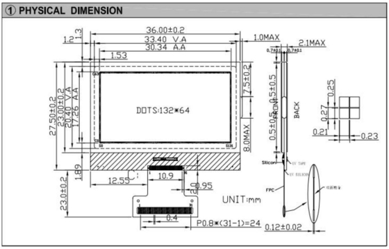 132*64 Modulo LCD grafico FSTN NT7534 FPC Connector Industrial Display 3.5v