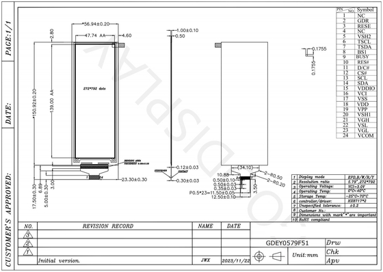 5.79' 4 Colore 272*792 HX8717 Basato su carta elettronica standard Display EPD