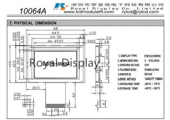 positivo monocromatico LCD grafico della PANNOCCHIA FSTN del modulo 8.8V di 100X64 STN