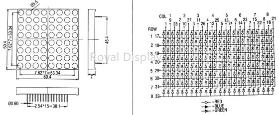catodo comune 60.2X60.2mm dell'esposizione di LED di 300mcd 8X8 Dot Matrix