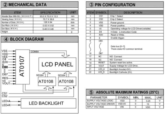 Modulo LCD STN grafico 128*64 AT0107 Monocromo con display industriale retroilluminato a LED