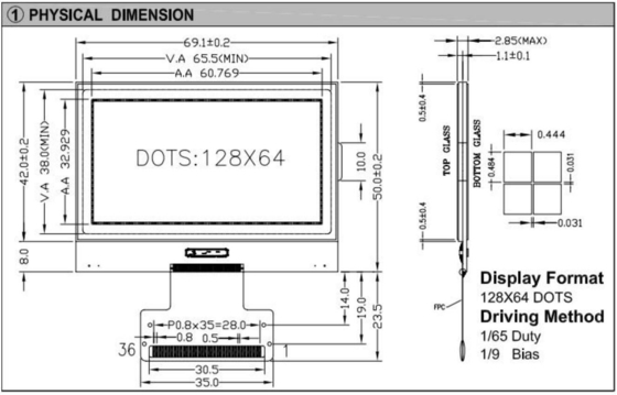 128*64 Modulo grafico LCD FPC Interfaccia ST7565 Display industriale a larga temperatura 3.3v