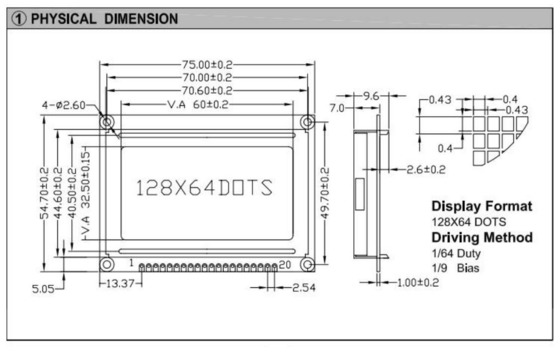 128*64 Modulo LCD grafico Colore opzionale 20 PIN AT0107/AT0108 STN Display a temperatura ampia Uso industriale