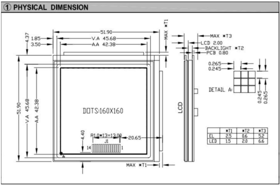 Modulo LCD grafico 160*160 quadrato con retroilluminazione PCB NT7701 Display industriale a larga temperatura