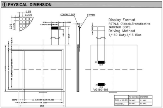 160*160 Modulo LCD grafico FSTN 6H Display industriale quadrato 60*60mm con retroilluminazione