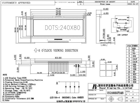 240*80 Modulo LCD grafico FSTN 6H Super Wide Temperature Industrial Display Basso MOQ