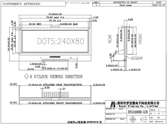 240*80 Modulo LCD grafico FSTN 6H Super Wide Temperature Industrial Display Basso MOQ