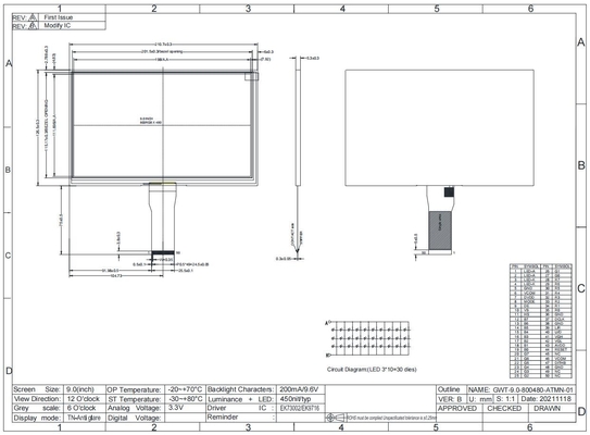 9.0'' TFT LCD Modulo Grande Temperatura 800*RGB*480 12H Display trasmissivo personalizzato