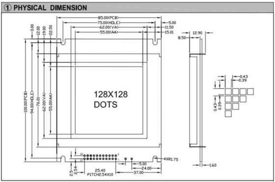 128*128 FSTN Modulo LCD monocromo AT0107 Display industriale a 22 pin