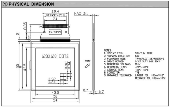 128*128 Modulo LCD grafico STN Giallo Verde Ampia temperatura 6H Display industriale