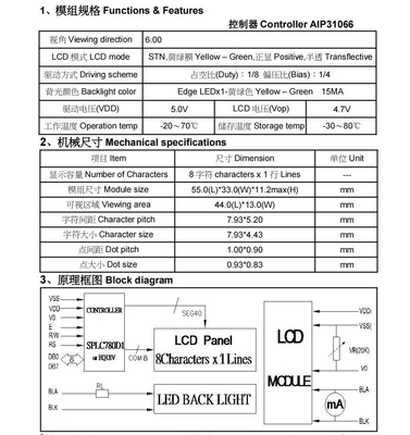 Modulo LCD da 8*1 caratteri 6H STN Temperatura positiva ampia giallo-verde con display industriale retroilluminato