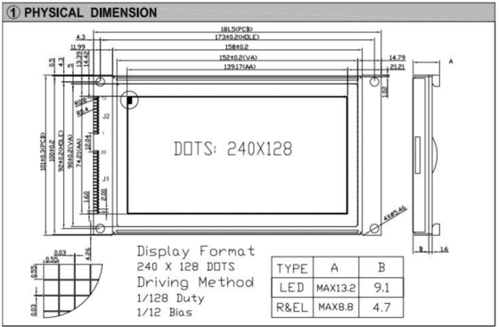 240*180 Modulo LCD grafico FSTN con backlight e display industriale ad ampia temperatura
