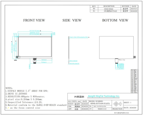 7.5'' EPD 800*480 4 Color High Contrast JD79665 Display di carta elettronica Hitech