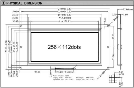 256*112 Modulo LCD grafico 12H STN Display industriale a temperatura ampia blu