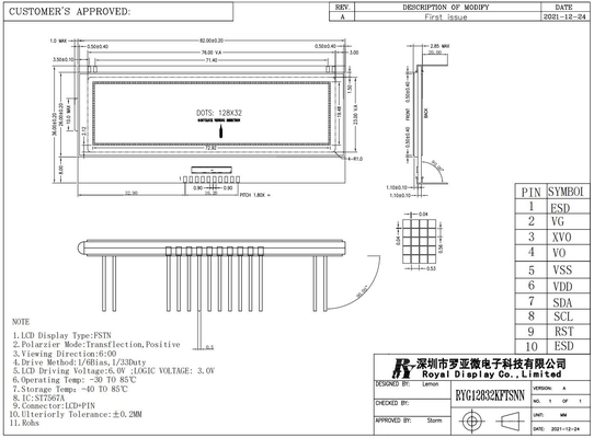 128*32 FSTN grafico trasflettivo positivo 6H ST7567A display industriale a temperatura super ampia 10 pin