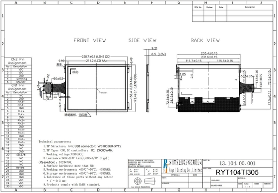 10.4'' TFT 1024*RGB*768 Modulo LCD a temperatura larga con touch