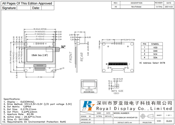 1.3'' 128*64 bianco monocromo OLED interfaccia I2C modulo LCD a temperatura ampia