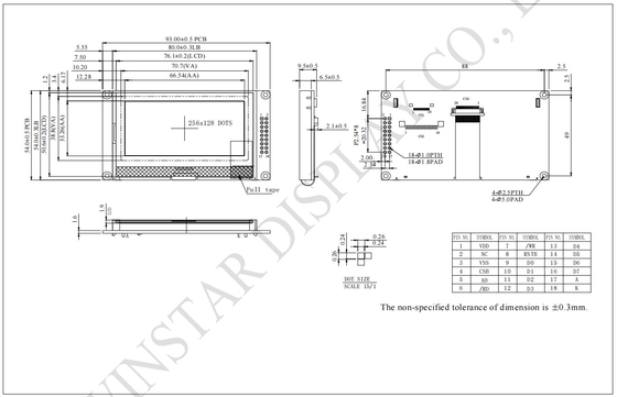 256*128 Modulo LCD grafico ad alta temperatura Winstar 100% Sostituire il display industriale