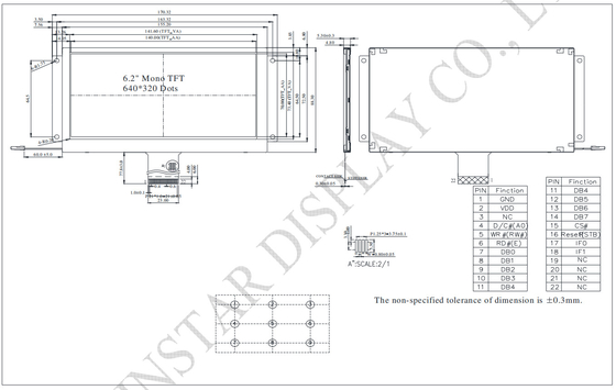 6.2' 640*320 Modulo LCD TFT a temperatura larga bianco su nero