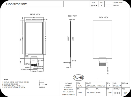2.66' 152*296 SSD1680Z8 Interfaccia SPI Display di carta elettronica EPD