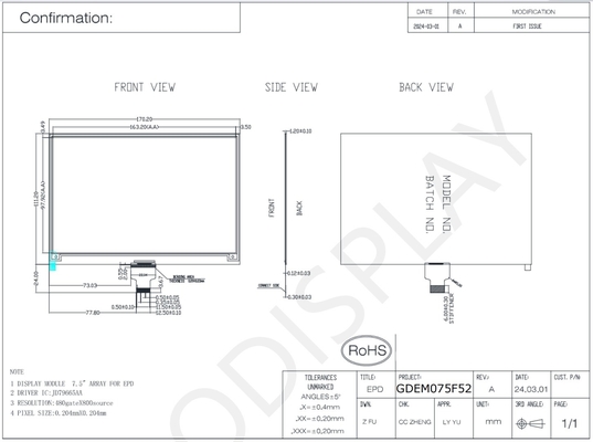 7.5' 480*800 4 Colore JD79665AA Carta elettronica Display EPD