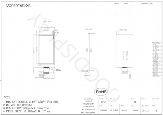 2.66' 4 Colore 360*184 JD76997 Basato su carta elettronica Display EPD Standard