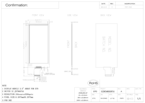 3.52' 4 Colore 384*184 Jd79667AA Basato su E-Paper Display EPD