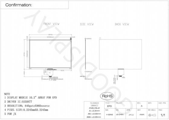 10.2'4 Colore 640*960 E-paper Display SSD2677 Basato su EPD