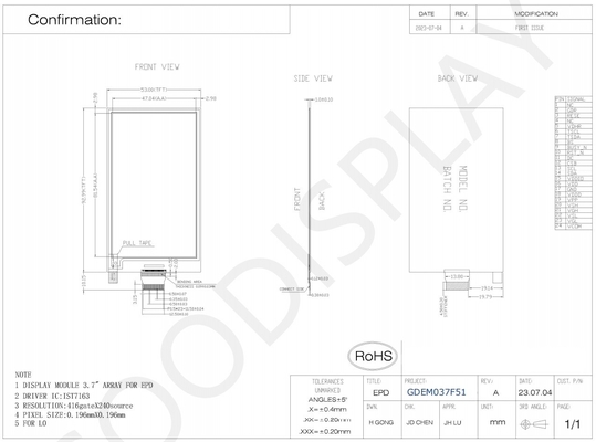3.7'4 Colore 416*240 IST7163 Display basato su carta elettronica EPD