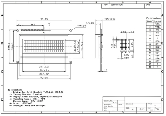 20*4 STN Blu 6H 5V carattere positivo LCD Modulo di visualizzazione industriale