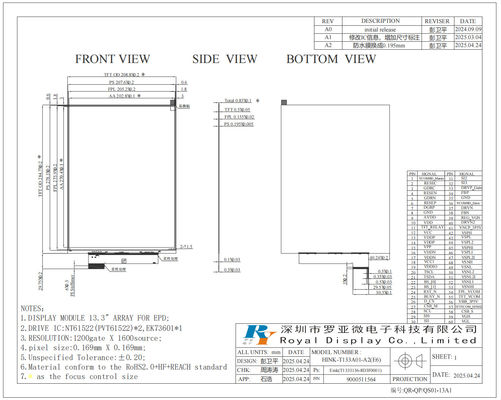 13.3' 6 colore 1200*1600 Display in carta elettronica ad alta luminosità